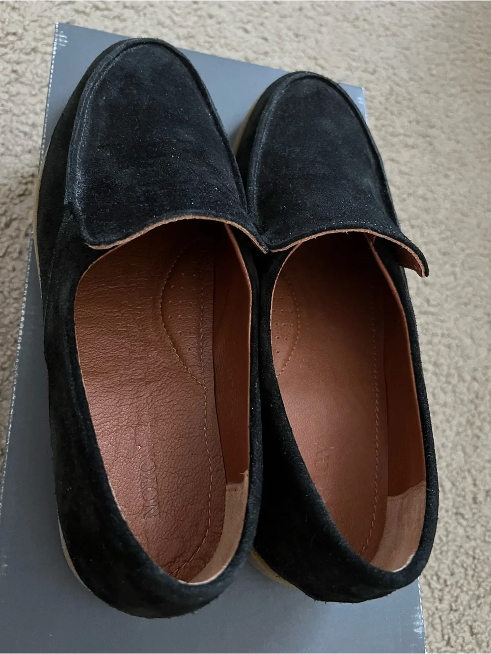 Noyon Black Suede Slip-On Loafers with Brown Rubber Sole